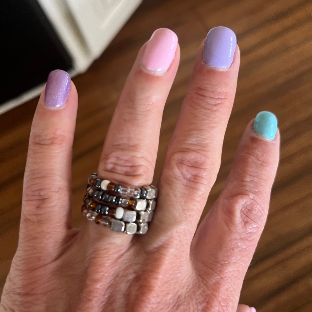 beaded "slinky" ring- brown black and silver beads- adjustable size 6-8